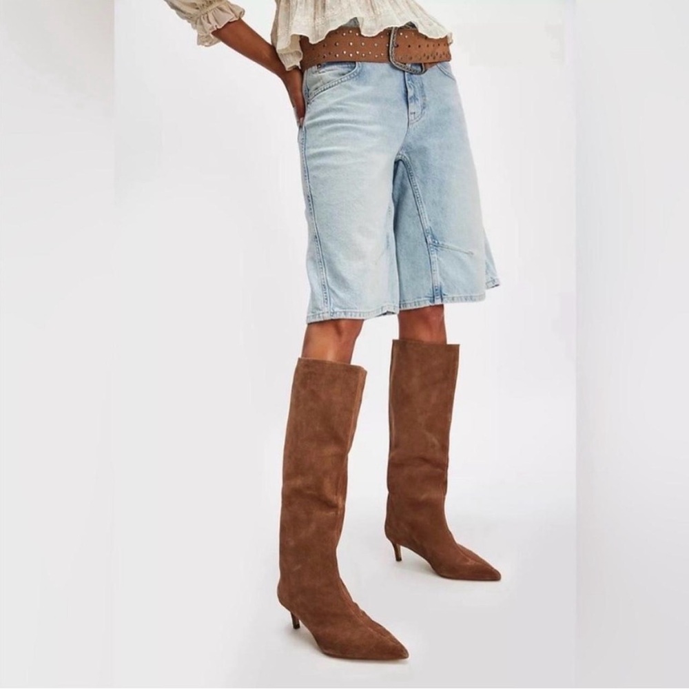 Free People Kiki Kitten Heel Tan Suede Knee High Boots